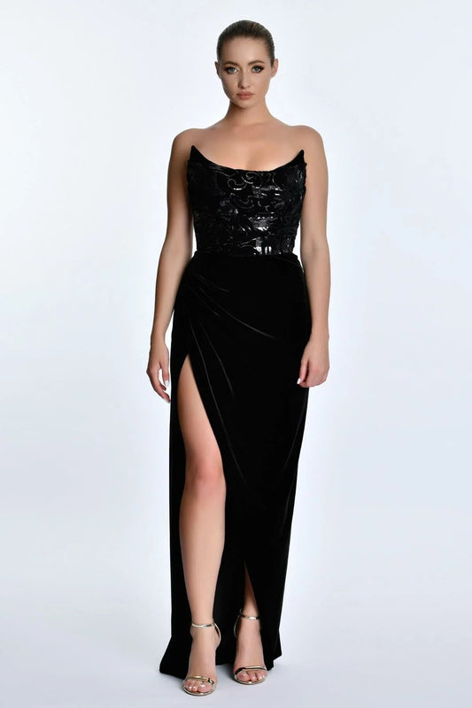 Alfa Beta Straplez Pul Detaylı Derin Yırtmaçlı Maxi Boy Kadın Abiye 2125793