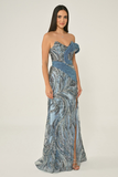 Alfa Beta One Off-Shoulder Side Slit Sequin Long Evening Dress