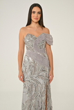 Alfa Beta One Off-Shoulder Side Slit Sequin Long Evening Dress
