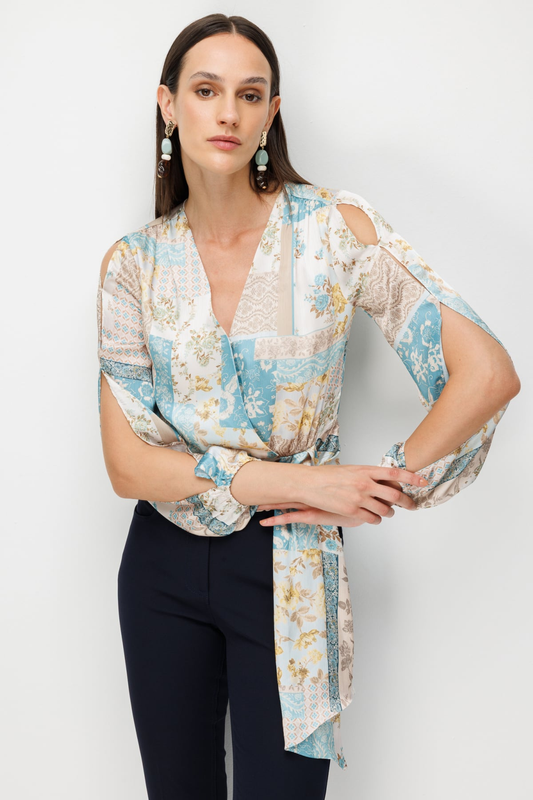 Beli Fularlı Desenli Crop Bluz Ekol