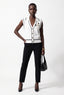 BEROSH Kadın Gömlek Yaka V Kesim Kolsuz Örme Bluz Siyah Şerit Detaylı Düğmeli 7803