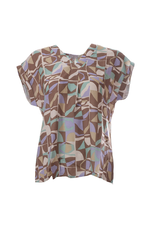 Canel V-Neck Short Sleeve Oversize Minimalist Women's Blouse - Geometric Pattern