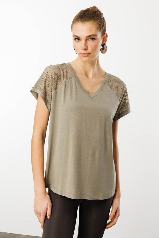 Women's V-Neck Cotton T-shirt with Stone Print on the Shoulders