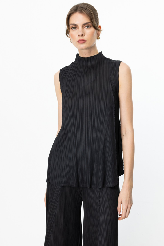 Ekol Accordion Fabric Stand-Up Collar Blouse