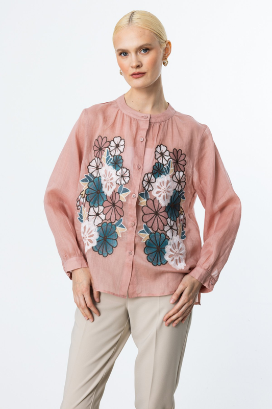 Ekol Çiçek İşlemeli Keten Bluz