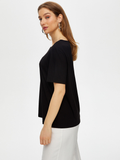 Short-sleeved knitted blouse with metal ring detail on the collar by Faik Sönmez