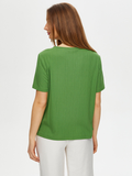 Short-sleeved knitted blouse with metal ring detail on the collar by Faik Sönmez