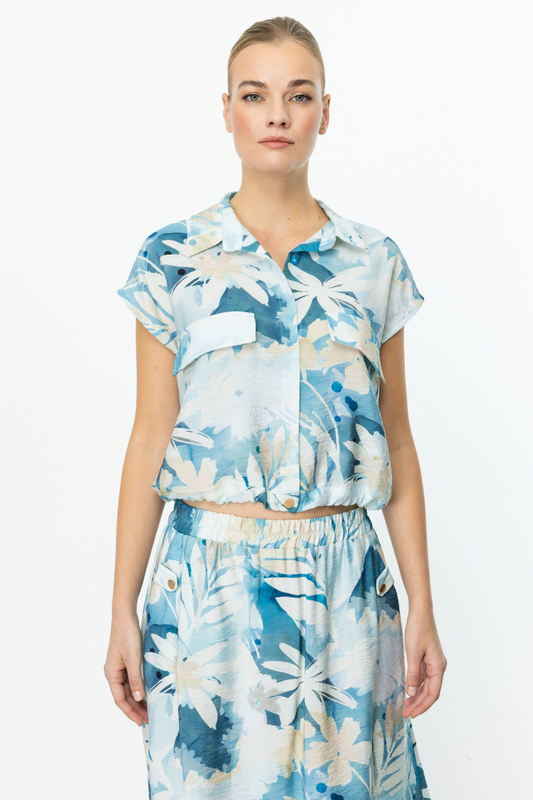 Ten Patterned Crop Shirt with Decorative Pockets