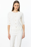 Button-front, short-sleeved knitted blouse.