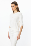 Button-front, short-sleeved knitted blouse.