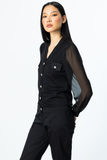 Ten Women's V-Neck Long-Sleeved Minimalist Blouse with Chiffon Details