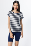 On Minimalist Oversize Striped Women's Blouse - Short Sleeve Round Neck