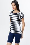 On Minimalist Oversize Striped Women's Blouse - Short Sleeve Round Neck