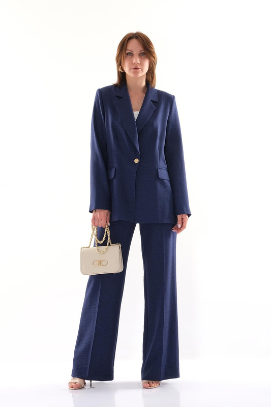 Plus Size Linen-Look Single Gold Button Jacket and Wide-Leg Trousers Set (Explosion)