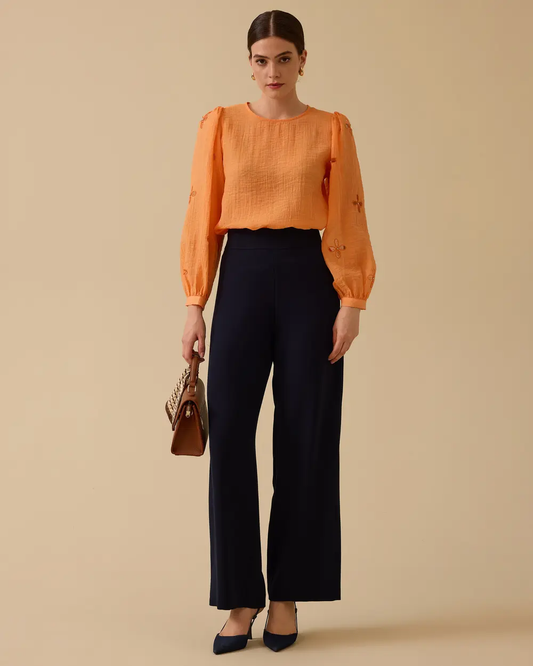 Seçil Minimalist Embroidered Blouse - Long Sleeve Round Neck