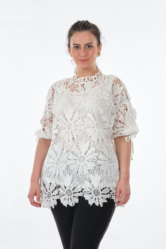 Vedi-bb Dantel Detaylı Oversize Midi Kadın Bluz - Günlük & Özel Gün