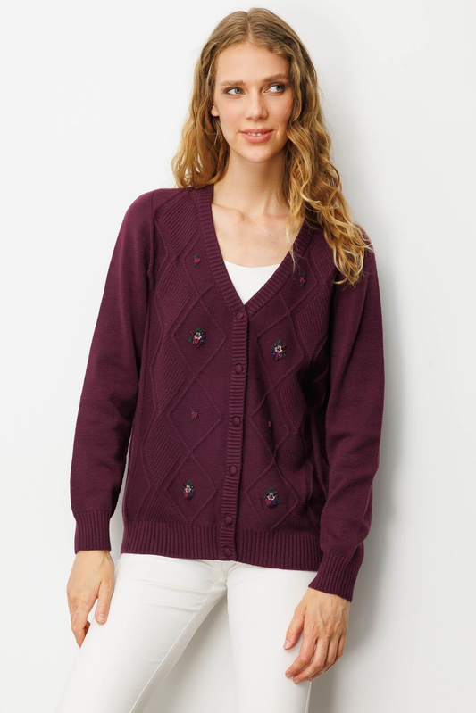 Women's V-Neck Cardigan with Diamond Pattern Embroidery on the Front