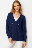 Women's V-Neck Cardigan with Diamond Pattern Embroidery on the Front