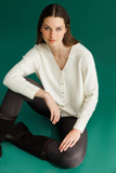 Women's V-Neck Cardigan with Faux Pockets and Button Closure