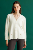 Women's V-Neck Cardigan with Faux Pockets and Button Closure