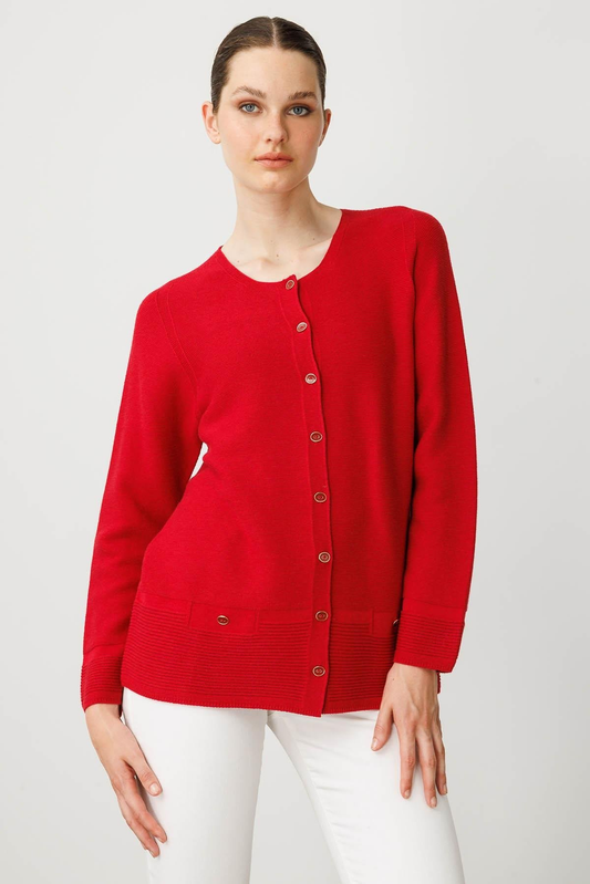 Women's Crew Neck Cardigan with Faux Pockets and Buttons - Patterned