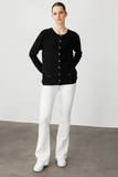 Women's Crew Neck Cardigan with Faux Pockets and Buttons - Patterned