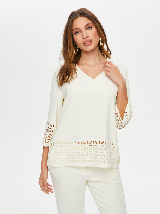 Openwork Detail V-Neck 3/4 Sleeve Blouse by Faik Sönmez