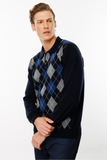 Desen Erkek Uzun Kol Polo Yaka Kazak - Minimalist Argyle Desen