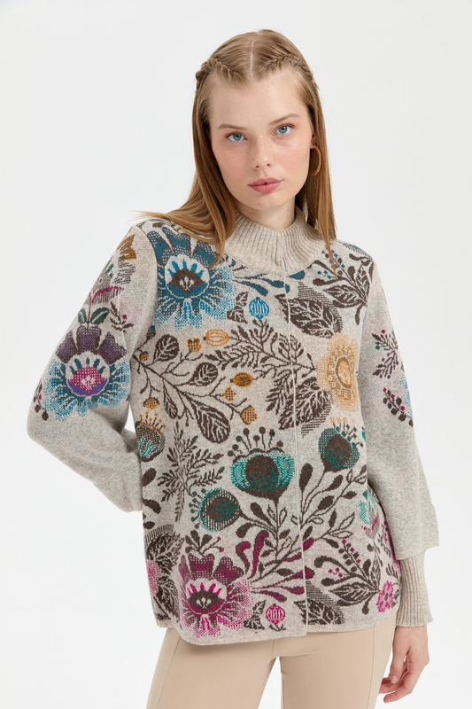 Desen Kadın Oversize Midi Kaban - Çiçek Desenli, Boğazlı, Uzun Kol