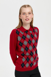 Desen Kadın Kazak - Polo Yaka Uzun Kol Minimalist Argyle Desen