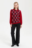 Desen Kadın Kazak - Polo Yaka Uzun Kol Minimalist Argyle Desen