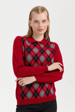 Desen Kadın Kazak - Polo Yaka Uzun Kol Minimalist Argyle Desen