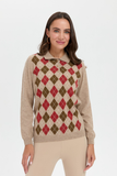 Desen Kadın Kazak - Polo Yaka Uzun Kol Minimalist Argyle Desen