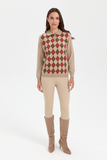Desen Kadın Kazak - Polo Yaka Uzun Kol Minimalist Argyle Desen