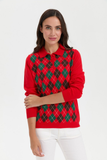 Desen Kadın Kazak - Polo Yaka Uzun Kol Minimalist Argyle Desen
