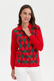 Desen Kadın Kazak - Polo Yaka Uzun Kol Minimalist Argyle Desen