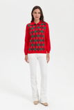 Desen Kadın Kazak - Polo Yaka Uzun Kol Minimalist Argyle Desen