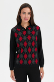 Desen Kadın Kazak - Polo Yaka Uzun Kol Minimalist Argyle Desen