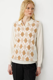 Desen Kadın Kazak - Polo Yaka Uzun Kol Minimalist Argyle Desen