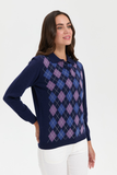 Desen Kadın Kazak - Polo Yaka Uzun Kol Minimalist Argyle Desen