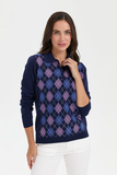 Desen Kadın Kazak - Polo Yaka Uzun Kol Minimalist Argyle Desen