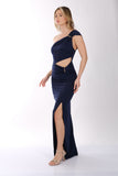 DORİDORCA Buzi Kumaş Omuz Taş Detaylı Önden Yırtmaçlı Abiye Elbise