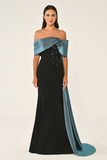 Off-Shoulder Crepe Dress with Train and Top Accessories - Evening Gown Alfa Beta