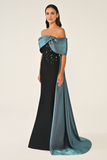 Off-Shoulder Crepe Dress with Train and Top Accessories - Evening Gown Alfa Beta