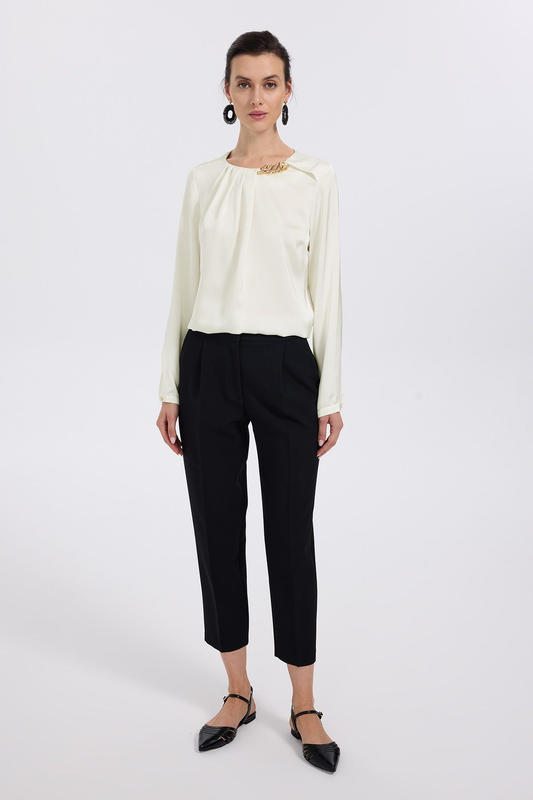 Ekol Kadın Crop Pantolon - Minimalist, Yüksek Bel, Pileli Detay