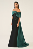 Off-Shoulder Crepe Dress with Train and Top Accessories - Evening Gown Alfa Beta