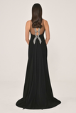 Crepe Long Evening Dress with Neckline and Back Accessories - Alfa Beta