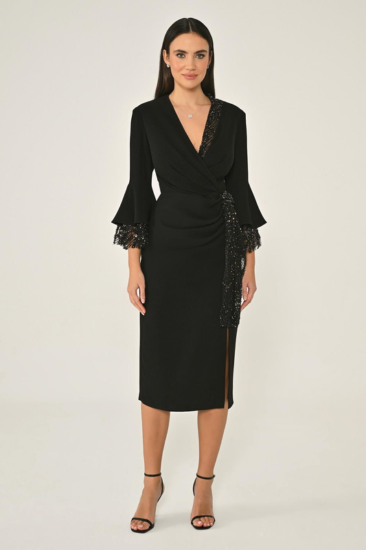 V-Neck Crepe Midi Evening Dress with Beaded Fabric Detail Alfa Beta