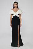 Alfa Beta Off-Shoulder Front Slit Crepe Long Evening Dress