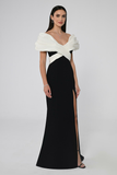 Alfa Beta Off-Shoulder Front Slit Crepe Long Evening Dress